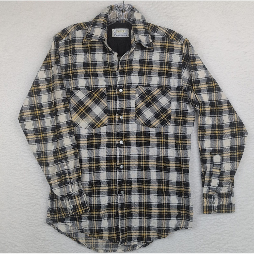 Cascade Vtg Flannel Shirt Mens Medium Blue Plaid Cotton Blend Size S 14-14.5
